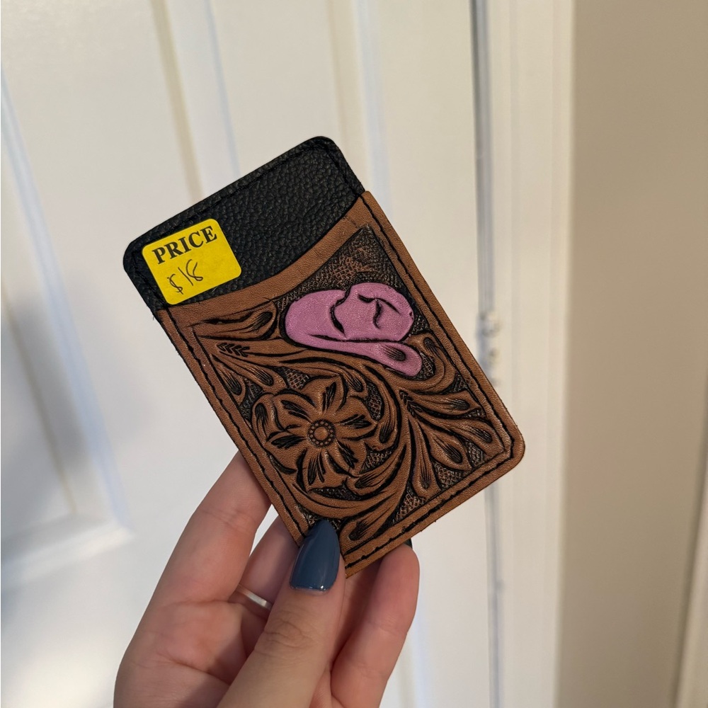 Brown and Black Leather Card Holder with Pink Accent